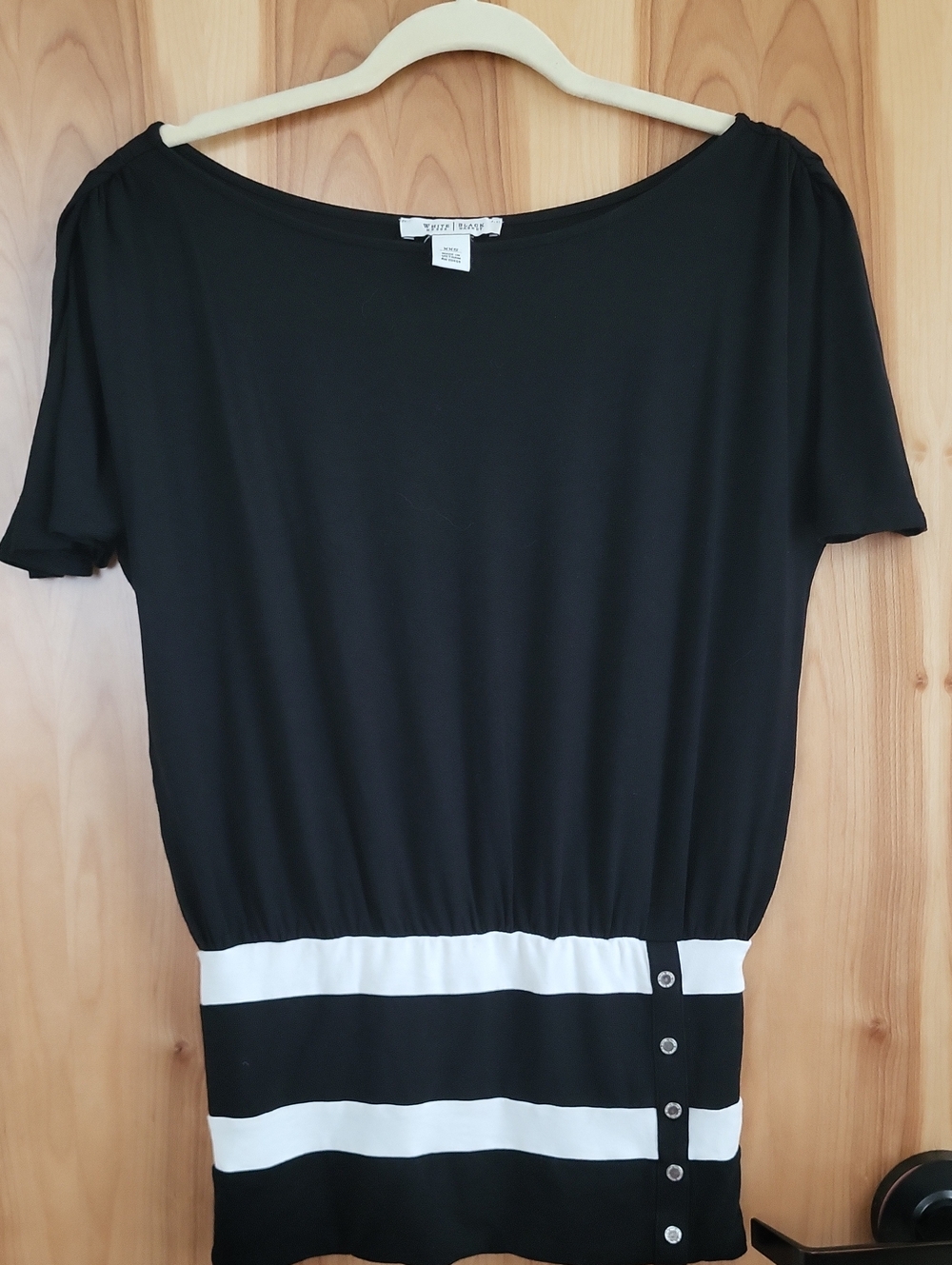 White House Black Market Black Tunic with White Stripe Hem and Button Detail